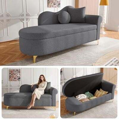 Merax Chaiselongue mit Stauraum, 134 cm Liege mit wellenförmiger Rückenlehne & Boucle-Stoff, hochdichter Schaumstoff, inkl. Lenden- & Nackenkissen, Retro-Look mit Massivholzrahmen, Grau Merax Chaiselongue mit Stauraum, 134 cm Liege mit wellenförmiger Rückenlehne & Boucle-Stoff, hochdichter Schaumstoff, inkl. Lenden- & Nackenkissen, Retro-Look mit Massivholzrahmen, Grau