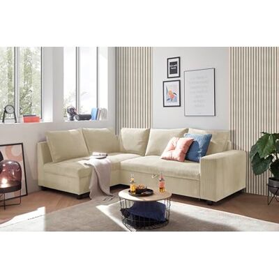 Stella Trading Ecksofa L-Form aus Cordstoff mit Schlaffunktion, beige (Cream) – Liegefläche 147 × 207 cm, Breite 243 cm, Sitzhöhe 45 cm, Modell MIRA Stella Trading Ecksofa L-Form aus Cordstoff mit Schlaffunktion, beige (Cream) – Liegefläche 147 × 207 cm, Breite 243 cm, Sitzhöhe 45 cm, Modell MIRA