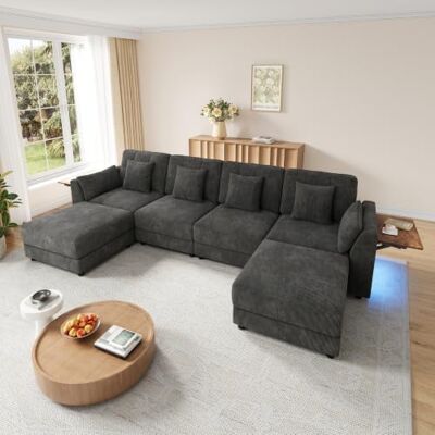 Merax modulares Ecksofa 6-Sitzer, Flexibles U- und L-Form Sofa mit 2 beweglichen Hockern, Wohnlandschaft mit RGB LED und klappbarem Beistelltisch, inklusive 6 Kissen, Chenille‑Bezug, Grau Merax modulares Ecksofa 6-Sitzer, Flexibles U- und L-Form Sofa mit 2 beweglichen Hockern, Wohnlandschaft mit RGB LED und klappbarem Beistelltisch, inklusive 6 Kissen, Chenille‑Bezug, Grau