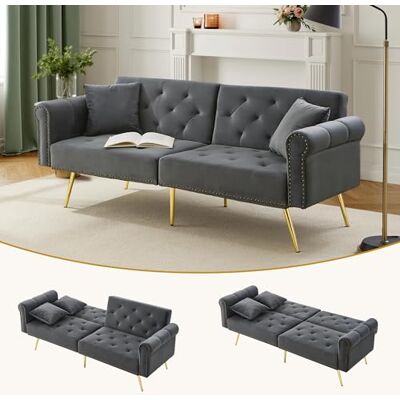 Merax Modernes 2-Sitzer Schlafsofa, 173x75x70cm, mit Samtbezug, 3-stufig Verstellbarer Rückenlehne, Metallfüßen, verstecktem Stauraum, für kleine Räume, inkl. 2 Kissen, platzsparend, Antikgrau Merax Modernes 2-Sitzer Schlafsofa, 173x75x70cm, mit Samtbezug, 3-stufig Verstellbarer Rückenlehne, Metallfüßen, verstecktem Stauraum, für kleine Räume, inkl. 2 Kissen, platzsparend, Antikgrau