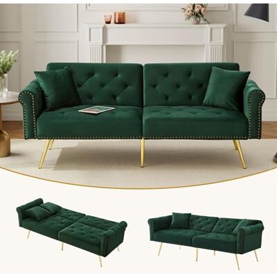 Merax Modernes 2-Sitzer Schlafsofa, 173x75x70cm, mit Samtbezug, 3-stufig Verstellbarer Rückenlehne, Metallfüßen, verstecktem Stauraum, für kleine Räume, inkl. 2 Kissen, platzsparend, Antikgrün Merax Modernes 2-Sitzer Schlafsofa, 173x75x70cm, mit Samtbezug, 3-stufig Verstellbarer Rückenlehne, Metallfüßen, verstecktem Stauraum, für kleine Räume, inkl. 2 Kissen, platzsparend, Antikgrün