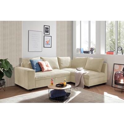 Stella Trading Ecksofa L-Form aus Cordstoff mit Schlaffunktion, beige (Cream) – Liegefläche 147 × 207 cm, Breite 243 cm, Sitzhöhe 45 cm, Modell MIRA Stella Trading Ecksofa L-Form aus Cordstoff mit Schlaffunktion, beige (Cream) – Liegefläche 147 × 207 cm, Breite 243 cm, Sitzhöhe 45 cm, Modell MIRA