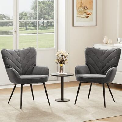 COLAMY Wohnzimmer Sessel 2er Set, Samtbezogener Relaxsessel mit hoher Rückenlehne, Gepolsterter Komfortsessel mit Wingback-Design, Lounge Chair mit Holzbeinen für Wohnzimmer, Leseecke, Grau COLAMY Wohnzimmer Sessel 2er Set, Samtbezogener Relaxsessel mit hoher Rückenlehne, Gepolsterter Komfortsessel mit Wingback-Design, Lounge Chair mit Holzbeinen für Wohnzimmer, Leseecke, Grau