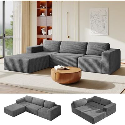 Vesgantti 303 cm Groß Modulares L-förmiges Ecksofa mit Schlaffunktion, 3‑Sitzer Cordsofa mit Federkern, Extra Tiefe Sitzfläche, Boneless Schlafcouch, Für Wohnzimmer, Ohne Montage, Grau Vesgantti 303 cm Groß Modulares L-förmiges Ecksofa mit Schlaffunktion, 3‑Sitzer Cordsofa mit Federkern, Extra Tiefe Sitzfläche, Boneless Schlafcouch, Für Wohnzimmer, Ohne Montage, Grau