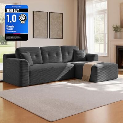 VASAGLE Ecksofa, modulares Sofa 244 cm breit, vakuumverpackt, Schlafsofa, Keine Montage erforderlich, mit großer Chaiselongue rechts, für Wohnzimmer, Gästezimmer, bleigrau LCS184GN01 VASAGLE Ecksofa, modulares Sofa 244 cm breit, vakuumverpackt, Schlafsofa, Keine Montage erforderlich, mit großer Chaiselongue rechts, für Wohnzimmer, Gästezimmer, bleigrau LCS184GN01
