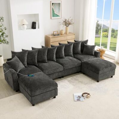 Merax Modulares Ecksofa 6-Sitzer, Flexibles U- und L-Form Sofa mit 2 beweglichen Hockern, Waffel-Chenille Couch mit USB und Typ-C Anschluss, Taschenfederkern, 10 Kissen, Grau Merax Modulares Ecksofa 6-Sitzer, Flexibles U- und L-Form Sofa mit 2 beweglichen Hockern, Waffel-Chenille Couch mit USB und Typ-C Anschluss, Taschenfederkern, 10 Kissen, Grau
