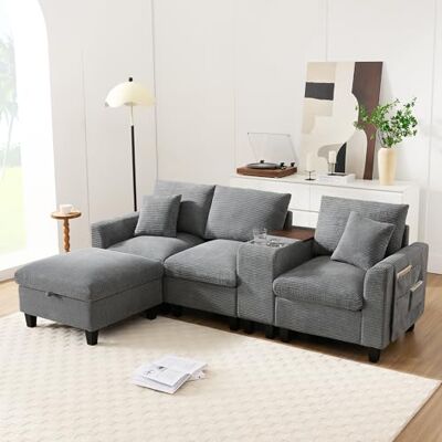 Merax 3-Sitzer Sofa Ecksofa L-Form mit Polsterhocker (inkl. Stauraum), Cord Stoff-Couch mit Konsole, USB-C-Ports, Getränkehalter und Seitentaschen, Grau Merax 3-Sitzer Sofa Ecksofa L-Form mit Polsterhocker (inkl. Stauraum), Cord Stoff-Couch mit Konsole, USB-C-Ports, Getränkehalter und Seitentaschen, Grau