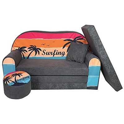 FORTISLINE Kindersofa XXL 2-Sitzer ausklappbar Kindercouch mit Hocker und Kissen, Kinderzimmer Sofa mit Liegefläche bis 160 cm, Oeko-TEX, hergestellt in der EU, Surfing FORTISLINE Kindersofa XXL 2-Sitzer ausklappbar Kindercouch mit Hocker und Kissen, Kinderzimmer Sofa mit Liegefläche bis 160 cm, Oeko-TEX, hergestellt in der EU, Surfing