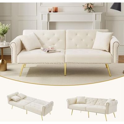 Merax Modernes 2-Sitzer Schlafsofa, 173x75x70cmm, mit Samtbezug, 3-stufig Verstellbarer Rückenlehne, Metallfüßen, verstecktem Stauraum, für kleine Räume, inkl. 2 Kissen, platzsparend, Beige Merax Modernes 2-Sitzer Schlafsofa, 173x75x70cmm, mit Samtbezug, 3-stufig Verstellbarer Rückenlehne, Metallfüßen, verstecktem Stauraum, für kleine Räume, inkl. 2 Kissen, platzsparend, Beige