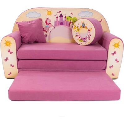 FORTISLINE Kindersofa XXL 2-Sitzer ausklappbar Kindercouch mit Hocker und Kissen, Kinderzimmer Sofa mit Liegefläche bis 160 cm, Oeko-TEX, hergestellt in der EU, Pink Castle FORTISLINE Kindersofa XXL 2-Sitzer ausklappbar Kindercouch mit Hocker und Kissen, Kinderzimmer Sofa mit Liegefläche bis 160 cm, Oeko-TEX, hergestellt in der EU, Pink Castle