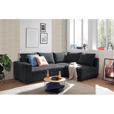 Stella Trading Ecksofa L-Form aus Cordstoff mit Schlaffunktion, schwarz (Black) – Liegefläche 147 × 207 cm, Breite 243 cm, Sitzhöhe 45 cm, Modell MIRA Stella Trading Ecksofa L-Form aus Cordstoff mit Schlaffunktion, schwarz (Black) – Liegefläche 147 × 207 cm, Breite 243 cm, Sitzhöhe 45 cm, Modell MIRA