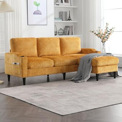 Merax 3-Sitzer Sofa Ecksofa L-Form mit Polsterhocker (inkl. Stauraum), Samtstoff-Couch klein mit bequemen Armlehnen, Getränkehalter & Seitentaschen – für Wohnzimmer/Schlafzimmer/Wohnung, Gelb Merax 3-Sitzer Sofa Ecksofa L-Form mit Polsterhocker (inkl. Stauraum), Samtstoff-Couch klein mit bequemen Armlehnen, Getränkehalter & Seitentaschen – für Wohnzimmer/Schlafzimmer/Wohnung, Gelb