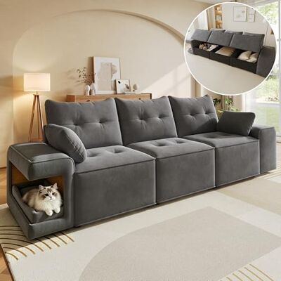 Merax 3-Sitzer Sofa Couch 230cm mit großem Stauraum, Samt Cloud Sofa mit Staufach & Breiten Armlehnen, integriertes Haustierbett & 2 Kissen, gepolsterte Couchgarnitur Wohnzimmer, Grau Merax 3-Sitzer Sofa Couch 230cm mit großem Stauraum, Samt Cloud Sofa mit Staufach & Breiten Armlehnen, integriertes Haustierbett & 2 Kissen, gepolsterte Couchgarnitur Wohnzimmer, Grau