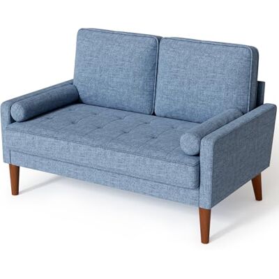 Vesgantti Sofa 2-Sitzer, Kleines Sofa aus Leinenimitat, Blau, 121*77*87 cm Kleines Sofa für kleine Räume, Mid-Century-Modern-2-Sitzer, einfach zu montierendes Sofa für Wohnzimmer und Schlafzimmer Vesgantti Sofa 2-Sitzer, Kleines Sofa aus Leinenimitat, Blau, 121*77*87 cm Kleines Sofa für kleine Räume, Mid-Century-Modern-2-Sitzer, einfach zu montierendes Sofa für Wohnzimmer und Schlafzimmer