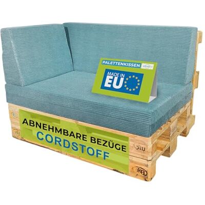 Pillows24 Palettenkissen 3er Set aus Cord, Abnehmbarer Bezug Sitzkissen & Rückenkissen für Europaletten 120x80, Weiche Palettenauflage für Haus, Garten, Balkon, Made in EU, Türkis Pillows24 Palettenkissen 3er Set aus Cord, Abnehmbarer Bezug Sitzkissen & Rückenkissen für Europaletten 120x80, Weiche Palettenauflage für Haus, Garten, Balkon, Made in EU, Türkis