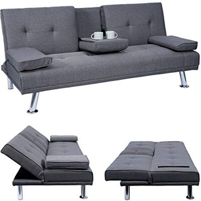 Mendler 3er-Sofa HWC-F60 97x166cm Textil, dunkelgrau Couch, Schlafsofa, Gästebett, Tassenhalter, verstellbar Mendler 3er-Sofa HWC-F60 97x166cm Textil, dunkelgrau Couch, Schlafsofa, Gästebett, Tassenhalter, verstellbar
