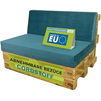 Pillows24 Palettenkissen 2er Set aus Cord, Abnehmbarer Bezug Sitzkissen & Rückenkissen für Europaletten 120x80, Weiche Palettenauflage für Haus, Garten, Balkon, Made in EU, Türkis Pillows24 Palettenkissen 2er Set aus Cord, Abnehmbarer Bezug Sitzkissen & Rückenkissen für Europaletten 120x80, Weiche Palettenauflage für Haus, Garten, Balkon, Made in EU, Türkis