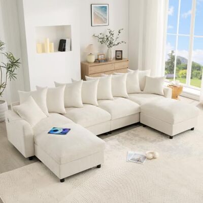 Merax Modulares Ecksofa 6-Sitzer, Flexibles U- und L-Form Sofa mit 2 beweglichen Hockern, Waffel-Chenille Couch mit USB und Typ-C Anschluss, Taschenfederkern, 10 Kissen, Beige Merax Modulares Ecksofa 6-Sitzer, Flexibles U- und L-Form Sofa mit 2 beweglichen Hockern, Waffel-Chenille Couch mit USB und Typ-C Anschluss, Taschenfederkern, 10 Kissen, Beige