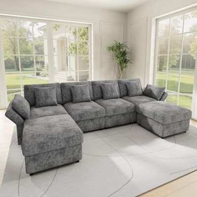 Merax Sofa Modulares Ecksofa U-Form/L-Form, Cloud Couch aus Chenille‑Stoff, Eckcouch mit Multifunktionalem Hocker, Verstellbaren Armlehnen, 4 Dekokissen und 2 Kopfstützen, Grau Merax Sofa Modulares Ecksofa U-Form/L-Form, Cloud Couch aus Chenille‑Stoff, Eckcouch mit Multifunktionalem Hocker, Verstellbaren Armlehnen, 4 Dekokissen und 2 Kopfstützen, Grau