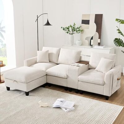 Merax 3-Sitzer Sofa Ecksofa L-Form mit Polsterhocker (inkl. Stauraum), Cord Stoff-Couch mit Konsole, USB-C-Ports, Getränkehalter und Seitentaschen, Beige Merax 3-Sitzer Sofa Ecksofa L-Form mit Polsterhocker (inkl. Stauraum), Cord Stoff-Couch mit Konsole, USB-C-Ports, Getränkehalter und Seitentaschen, Beige