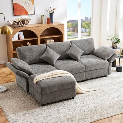 Merax 3-Sitzer Sofa mit Fußhocker – Ecksofa mit verstellbaren Armlehnen und 4 Kissen, umwandelbares 3-Sitzer-Schlafsofa aus bequemem Chenille-Stoff, L-Form, Couch für Wohnzimmer/Schlafzimmer, Grau Merax 3-Sitzer Sofa mit Fußhocker – Ecksofa mit verstellbaren Armlehnen und 4 Kissen, umwandelbares 3-Sitzer-Schlafsofa aus bequemem Chenille-Stoff, L-Form, Couch für Wohnzimmer/Schlafzimmer, Grau