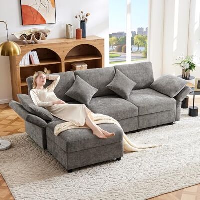 Merax L-förmiges Ecksofa mit Fußhocker & Schlaffunktion – Modernes 3/4-Sitzer Sofa mit verstellbaren Armlehnen & Kissen, Chenille-Stoff für Wohnzimmer Merax L-förmiges Ecksofa mit Fußhocker & Schlaffunktion – Modernes 3/4-Sitzer Sofa mit verstellbaren Armlehnen & Kissen, Chenille-Stoff für Wohnzimmer