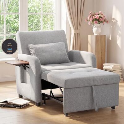 COLAMY Verwandelbarer Schlafsessel Stoff Futon Sofa Bett, Einzel Schlafsofa mit USB Anschluss, klappbarem Tisch, Kissen und Verstellbarer Rückenlehne für Wohnheim, Schlafzimmer, Hellgrau COLAMY Verwandelbarer Schlafsessel Stoff Futon Sofa Bett, Einzel Schlafsofa mit USB Anschluss, klappbarem Tisch, Kissen und Verstellbarer Rückenlehne für Wohnheim, Schlafzimmer, Hellgrau