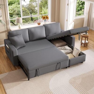 Merax Ecksofa mit Schlaffunktion, Praktisches Schlafsofa mit Bettkasten, L-Form Schlafcouch mit Stauraum und Seitentaschen, Moderne 3-Sitzer-Couch für Wohnzimmer und Schlafzimmer, Dunkelgrau Merax Ecksofa mit Schlaffunktion, Praktisches Schlafsofa mit Bettkasten, L-Form Schlafcouch mit Stauraum und Seitentaschen, Moderne 3-Sitzer-Couch für Wohnzimmer und Schlafzimmer, Dunkelgrau