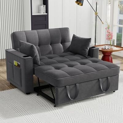 Merax Schlafsofa 2-Sitzer Sofa mit Schlaffunktion, Klappbares 3-in-1 Schlafcouch mit Verstellbarer Rückenlehne, Getränkehalter und Armlehnentaschen, aus Samt, Grau 137 x 76.5 x 83 cm Merax Schlafsofa 2-Sitzer Sofa mit Schlaffunktion, Klappbares 3-in-1 Schlafcouch mit Verstellbarer Rückenlehne, Getränkehalter und Armlehnentaschen, aus Samt, Grau 137 x 76.5 x 83 cm