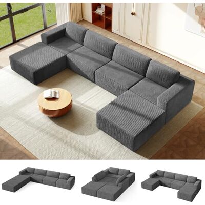 Vesgantti 404 cm Groß Modulares U-förmiges Ecksofa mit Schlaffunktion, 4‑Sitzer Cordsofa mit Federkern, Extra Tiefe Sitzfläche, Boneless Schlafcouch, Für Wohnzimmer, Ohne Montage, Grau Vesgantti 404 cm Groß Modulares U-förmiges Ecksofa mit Schlaffunktion, 4‑Sitzer Cordsofa mit Federkern, Extra Tiefe Sitzfläche, Boneless Schlafcouch, Für Wohnzimmer, Ohne Montage, Grau