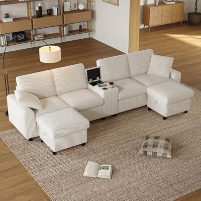 Merax Ecksofa U-förmiges Sofa Modulares 4-Sitzer Couch mit multifunktionalem Fußhocker (L/U-Form), 2 Steckdosen, USB+Type C, Staufächern und Getränkehaltern, Cordbezug, Beige Merax Ecksofa U-förmiges Sofa Modulares 4-Sitzer Couch mit multifunktionalem Fußhocker (L/U-Form), 2 Steckdosen, USB+Type C, Staufächern und Getränkehaltern, Cordbezug, Beige
