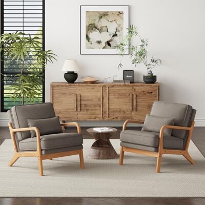 COLAMY Sessel Wohnzimmer Mid-Century Modern 2er Set, Loungesessel mit Lendenkissen, Massivholzrahmen & weichem Polster, bequemer Lesesessel für Wohnzimmer und Schlafzimmer, grau COLAMY Sessel Wohnzimmer Mid-Century Modern 2er Set, Loungesessel mit Lendenkissen, Massivholzrahmen & weichem Polster, bequemer Lesesessel für Wohnzimmer und Schlafzimmer, grau