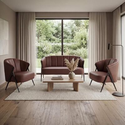 Mendler Wohnzimmer-Set HWC-P30 Metall rostrot 2er-Sofa, 2x Sessel, Vintage, Retro, Industrial, Kunstleder Mendler Wohnzimmer-Set HWC-P30 Metall rostrot 2er-Sofa, 2x Sessel, Vintage, Retro, Industrial, Kunstleder