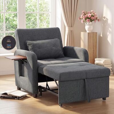 COLAMY Verwandelbarer Schlafsessel Stoff Futon Sofa Bett, Einzel Schlafsofa mit USB-Anschluss, klappbarem Tisch, Kissen und Verstellbarer Rückenlehne für Wohnheim, Schlafzimmer, Dunkelgrau COLAMY Verwandelbarer Schlafsessel Stoff Futon Sofa Bett, Einzel Schlafsofa mit USB-Anschluss, klappbarem Tisch, Kissen und Verstellbarer Rückenlehne für Wohnheim, Schlafzimmer, Dunkelgrau