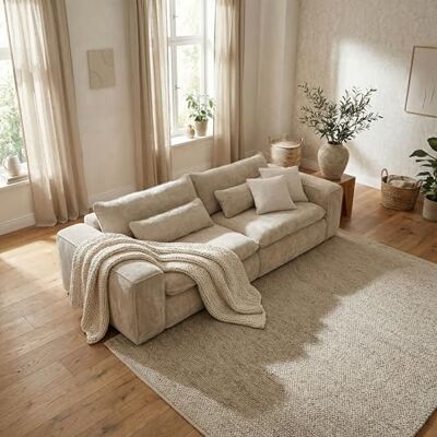 Stella Trading Big Sofa 300 cm breit, Modell Vince, Tiefe Sitzfläche, pflegeleichter Stoffbezug, Nosagfederung, Rücken echt bezogen, mittlere Sitzhärte, inkl. 2 Rückenkissen, 2 Nierenkissen, Beige Stella Trading Big Sofa 300 cm breit, Modell Vince, Tiefe Sitzfläche, pflegeleichter Stoffbezug, Nosagfederung, Rücken echt bezogen, mittlere Sitzhärte, inkl. 2 Rückenkissen, 2 Nierenkissen, Beige