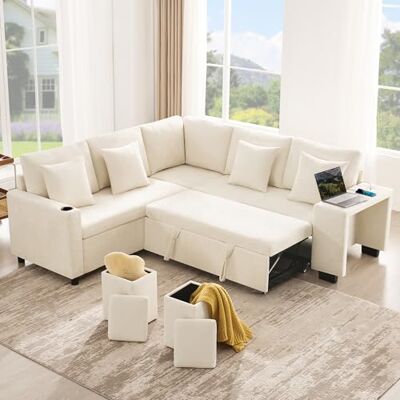 Merax Sofa Ecksofa mit Schlaffunktion und Stauraum, L-Form Schlafsofa mit Bettkasten, USB+Type-C, Getränkehalter und 2 Hocker, Schlafcouch Ausziehbar, Moderne Couch für Wohnzimmer, Chenille, Beige Merax Sofa Ecksofa mit Schlaffunktion und Stauraum, L-Form Schlafsofa mit Bettkasten, USB+Type-C, Getränkehalter und 2 Hocker, Schlafcouch Ausziehbar, Moderne Couch für Wohnzimmer, Chenille, Beige