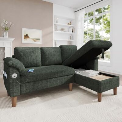 Merax L-Form Ecksofa, kleines 3-Sitzer Sofa mit Stauraum-Chaiselongue, Links oder rechts montierbar, Chenille-Stoff Couch mit USB Typ-C, Seitentasche, Armlehnenkissen, 181x125x88 cm, Grün Merax L-Form Ecksofa, kleines 3-Sitzer Sofa mit Stauraum-Chaiselongue, Links oder rechts montierbar, Chenille-Stoff Couch mit USB Typ-C, Seitentasche, Armlehnenkissen, 181x125x88 cm, Grün