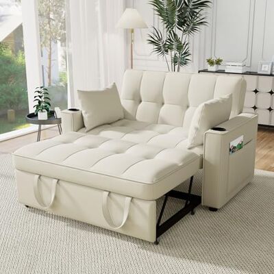 Merax Schlafsofa 2-Sitzer Sofa mit Schlaffunktion, Klappbares 3-in-1 Schlafcouch mit Verstellbarer Rückenlehne, Getränkehalter und Armlehnentaschen, aus Samt, Beige 137 x 76.5 x 83 cm Merax Schlafsofa 2-Sitzer Sofa mit Schlaffunktion, Klappbares 3-in-1 Schlafcouch mit Verstellbarer Rückenlehne, Getränkehalter und Armlehnentaschen, aus Samt, Beige 137 x 76.5 x 83 cm