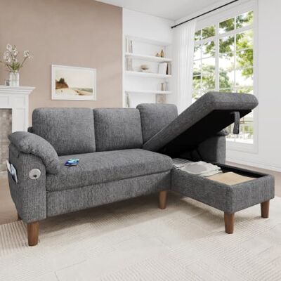 Merax L-Form Ecksofa, kleines 3-Sitzer Sofa mit Stauraum-Chaiselongue, Links oder rechts montierbar, Chenille-Stoff Couch mit USB Typ-C, Seitentasche, Armlehnenkissen, 181x125x88 cm, Hellgrau Merax L-Form Ecksofa, kleines 3-Sitzer Sofa mit Stauraum-Chaiselongue, Links oder rechts montierbar, Chenille-Stoff Couch mit USB Typ-C, Seitentasche, Armlehnenkissen, 181x125x88 cm, Hellgrau