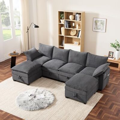 Merax Ecksofa L-förmiges Sofa Modulares 4-Sitzer Couch mit multifunktionalem Fußhocker (L/U-Form), USB-Anschlüssen, Staufächern und Getränkehaltern, Cordbezug, Grau Merax Ecksofa L-förmiges Sofa Modulares 4-Sitzer Couch mit multifunktionalem Fußhocker (L/U-Form), USB-Anschlüssen, Staufächern und Getränkehaltern, Cordbezug, Grau
