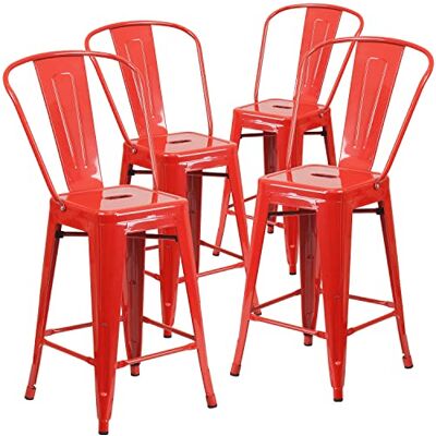 Flash Furniture Lily Hocker in handelsüblicher Qualität, 61 cm hoch, Metall, für drinnen und draußen, mit Abnehmbarer Rückenlehne, Rot, 4 Stück Flash Furniture Lily Hocker in handelsüblicher Qualität, 61 cm hoch, Metall, für drinnen und draußen, mit Abnehmbarer Rückenlehne, Rot, 4 Stück