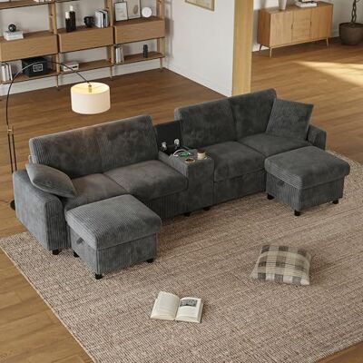 Merax Ecksofa U-förmiges Sofa Modulares 4-Sitzer Couch mit multifunktionalem Fußhocker (L/U-Form), 2 Steckdosen, USB+Type C, Staufächern und Getränkehaltern, Cordbezug, Grau Merax Ecksofa U-förmiges Sofa Modulares 4-Sitzer Couch mit multifunktionalem Fußhocker (L/U-Form), 2 Steckdosen, USB+Type C, Staufächern und Getränkehaltern, Cordbezug, Grau
