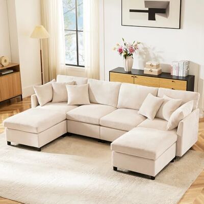 Merax Ecksofa (L/U-Form) Modulares 4-Sitzer Sofa mit umwandelbarem Fußhocker, Chenille-Stoff, Premium Komfort, Raumsparend & Wandelbar, Beige Merax Ecksofa (L/U-Form) Modulares 4-Sitzer Sofa mit umwandelbarem Fußhocker, Chenille-Stoff, Premium Komfort, Raumsparend & Wandelbar, Beige
