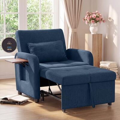 COLAMY Verwandelbarer Schlafsessel Stoff Futon Sofa Bett, Einzel Schlafsofa mit USB-Anschluss, klappbarem Tisch, Kissen und Verstellbarer Rückenlehne für Wohnheim, Schlafzimmer, Blau COLAMY Verwandelbarer Schlafsessel Stoff Futon Sofa Bett, Einzel Schlafsofa mit USB-Anschluss, klappbarem Tisch, Kissen und Verstellbarer Rückenlehne für Wohnheim, Schlafzimmer, Blau
