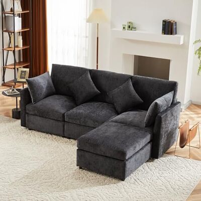 Merax Ecksofa L-Form Modulares 3-Sitzer Sofa mit umwandelbarem Fußhocker, Chenille-Stoff, Premium Komfort, Raumsparend & Wandelbar,Grau Merax Ecksofa L-Form Modulares 3-Sitzer Sofa mit umwandelbarem Fußhocker, Chenille-Stoff, Premium Komfort, Raumsparend & Wandelbar,Grau
