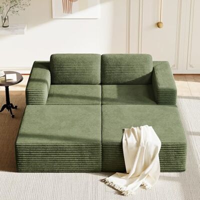 Vesgantti 202 cm Modulares Ecksofa, 2-Sitzer Sofa mit Schlaffunktion aus Cord, mit Federkern & 3D-Schaum, extra tiefer Sitzfläche, Polstersofa mit Ottomane, ohne Montage, Rutschfester Boden, Grün Vesgantti 202 cm Modulares Ecksofa, 2-Sitzer Sofa mit Schlaffunktion aus Cord, mit Federkern & 3D-Schaum, extra tiefer Sitzfläche, Polstersofa mit Ottomane, ohne Montage, Rutschfester Boden, Grün
