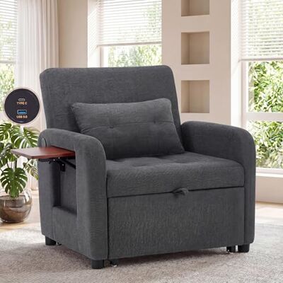 COLAMY Verwandelbarer Schlafsessel – Stoff-Futon-Sofa-Bett, Einzel-Schlafsofa, kleines Couchbett mit USB-Anschluss, klappbarem Tisch, Kissen und Verstellbarer Rückenlehne für Wohnheim, Hellgrau COLAMY Verwandelbarer Schlafsessel – Stoff-Futon-Sofa-Bett, Einzel-Schlafsofa, kleines Couchbett mit USB-Anschluss, klappbarem Tisch, Kissen und Verstellbarer Rückenlehne für Wohnheim, Hellgrau