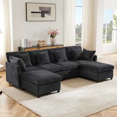 Merax Ecksofa (L/U-Form) Modulares 4-Sitzer Sofa mit umwandelbarem Fußhocker, Chenille-Stoff, Premium Komfort, Raumsparend & Wandelbar, Grau Merax Ecksofa (L/U-Form) Modulares 4-Sitzer Sofa mit umwandelbarem Fußhocker, Chenille-Stoff, Premium Komfort, Raumsparend & Wandelbar, Grau
