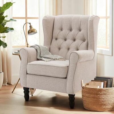COLAMY Mid-Century Modern Sessel Wohnzimmer, Gepolsterter Wingback-Sessel mit Knopfsteppung, loungesessel Bezug aus Gewebe mit Massivholzbeinen für Wohnzimmer, Büro, Café Beige COLAMY Mid-Century Modern Sessel Wohnzimmer, Gepolsterter Wingback-Sessel mit Knopfsteppung, loungesessel Bezug aus Gewebe mit Massivholzbeinen für Wohnzimmer, Büro, Café Beige