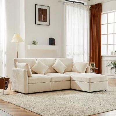 Merax Ecksofa L-Form Modulares 3-Sitzer Sofa mit umwandelbarem Fußhocker, Chenille-Stoff, Premium Komfort, Raumsparend & Wandelbar,Beige Merax Ecksofa L-Form Modulares 3-Sitzer Sofa mit umwandelbarem Fußhocker, Chenille-Stoff, Premium Komfort, Raumsparend & Wandelbar,Beige